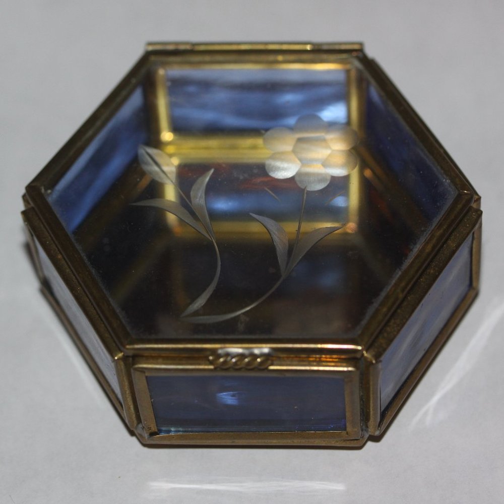 Vintage Glass Etched Flower Blue Clear Brass Trinket Jewelry Box